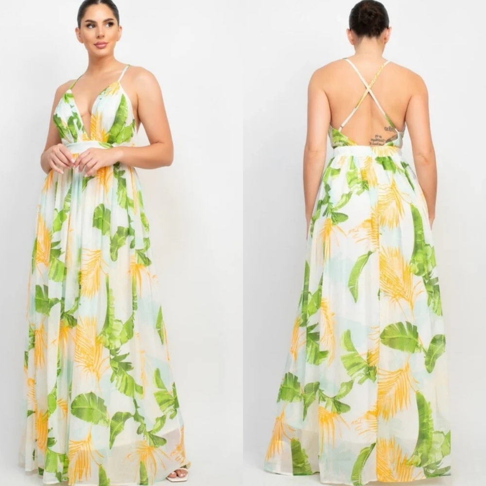 Fashion Nova Floral Sheer Plunge Neckline  Zip Garden Wedding Guest Maxi Dress